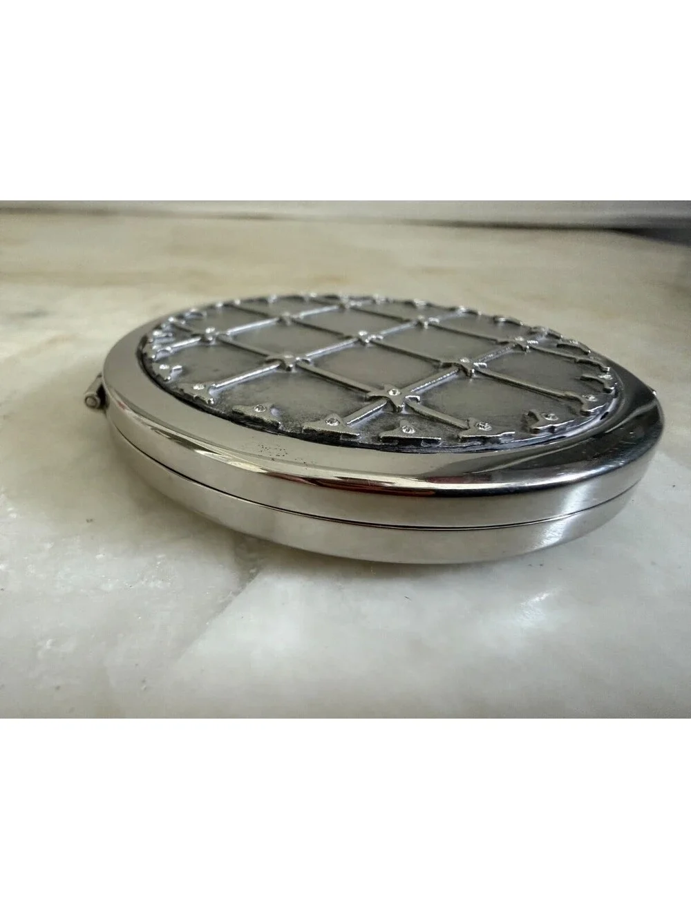 Vintage Style Silver Tone Lattice Compact Mirror with Rhinestone Accents